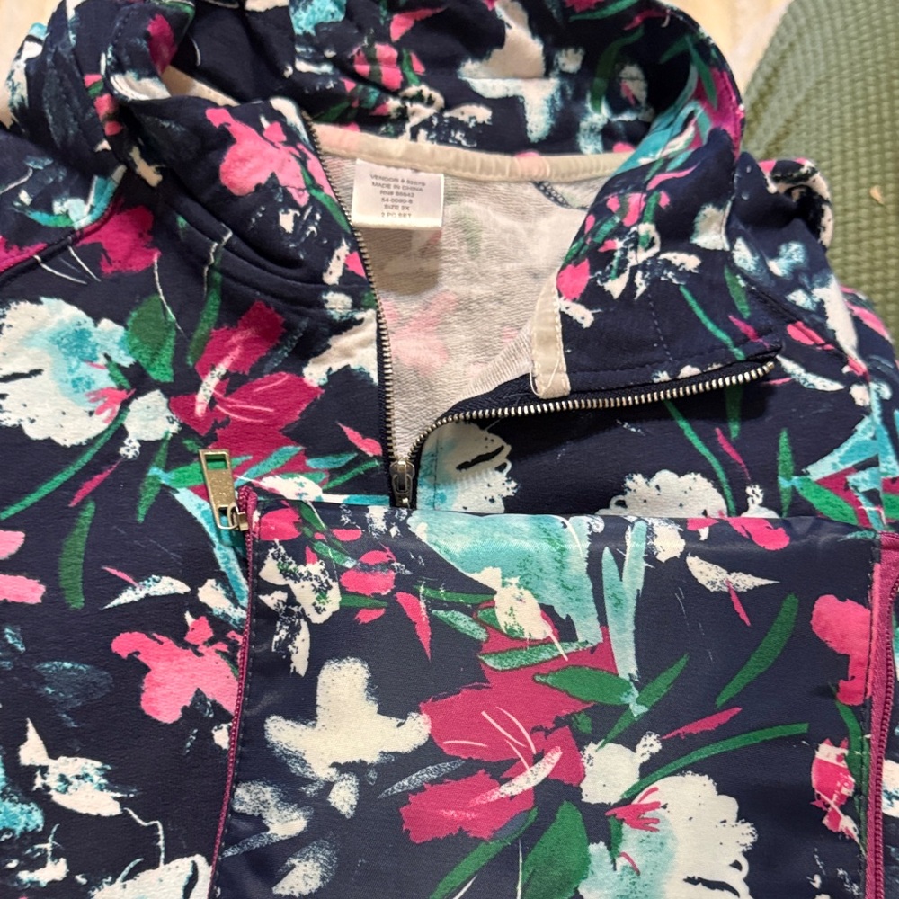 Woman Within 2x plus stretch cotton full zip jacket with matching tote floral